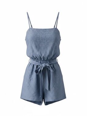 Cynthia Rowley Sleeveless Tie-Waist Denim-Blue  💯 Linen Romper